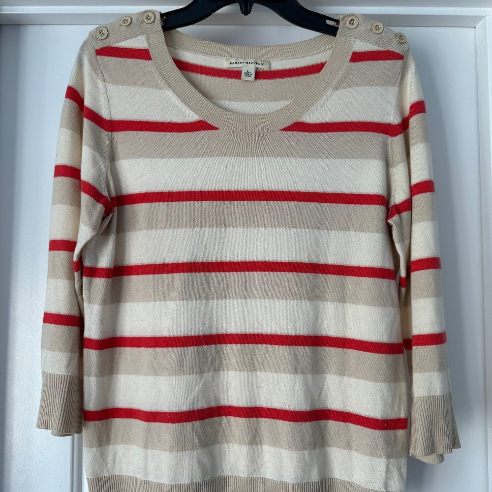 Banana Republic Orange/White/Tan Striped Sweater with Button Detail